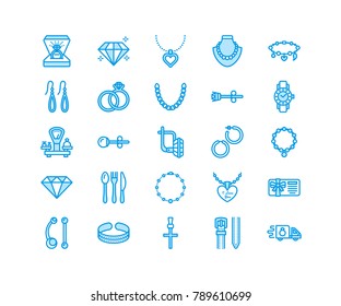 Jewelry flat line icons, jewellery store signs. Jewels accessories - gold engagement rings, gem earrings, silver chain, engraving necklaces, brilliants. Thin signs fashion store. Pixel perfect 64x64.