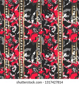 Jewelry and floral luxury vector seamless pattern. Abstract crimson flowers and gold strips with diamonds. Dark gray background. Template for trendy textile, wallpaper, print, web, carton, banner.