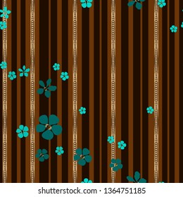 Jewelry and floral striped vector seamless pattern. Abstract blue and turquoise flowers and gold strips with diamonds on black background. Template for design, wallpaper, wrapping, jewelry box.