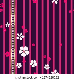 Jewelry and floral striped vector seamless pattern. Abstract white and magenta flowers and gold strip with diamonds on dark purple background.  