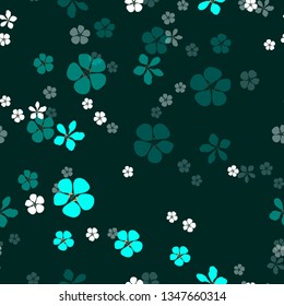 Jewelry and floral vector seamless pattern. Abstract white and blue flowers and gold with diamonds on dark green background.  
