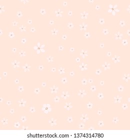 Jewelry and  floral vector seamless pattern. Small white flowers with gold core on coral background. Template for design, textile, wallpaper, print, carton, banner, ceramic tile, card.