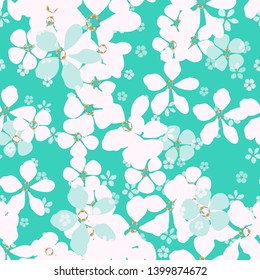 Jewelry and  floral vector seamless pattern. Big and small white and blue flowers with gold core on turquoise background. Template for design, textile, wallpaper, carton, banner, ceramic tile, card.