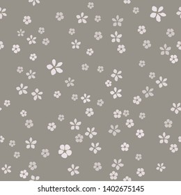Trazado fluido de joyas y vectores florales. Pequeñas flores blancas con el núcleo dorado sobre fondo de ceniza gris. Plantilla para diseño, textil, papel pintado, cartón, banner, azulejos cerámicos, tarjeta.
