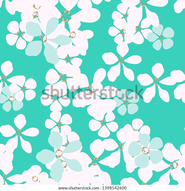 Jewelry and floral vector seamless pattern. White and blue flowers with