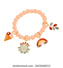 Jewelry in the form of a bracelet Happy summer. A bracelet with a rainbow, flowers, ice cream, a keychain with the inscription Happy summer, twig of a plant. Pink children s bracelet with gold rings.