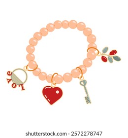 Jewelry in the form of a bracelet for Valentine s Day. A bracelet with a red heart, a key with a heart, a keychain with the inscription Love and a twig of a plant. Pink children s bracelet with gold r