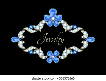 Jewelry frame with diamonds and sapphire on black background