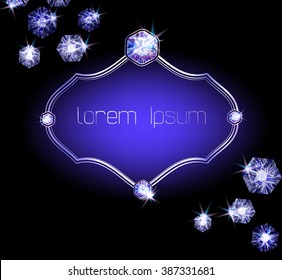 Jewelry frame with shiny diamonds and rhinestone on black background. In the center of illustration is silver frame. svg