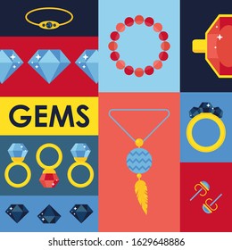 Jewelry gems in flat style, vector illustration. Isolated icons of gemstones and jewels in colorful collage. Set of simple stickers, jewelry store emblems, catalog cover. Fashion accessories for women