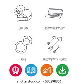 Jewelry, gift box and wedding ring icons. Arrows with hearts linear sign. Award medal, growth chart and opened book web icons. Download arrow. Vector