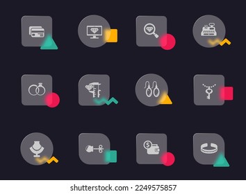 jewelry glass morphism trendy style icons. jewelry transparent glass vector icons with color memphis figures. for web and ui design, mobile apps and promo business advertising