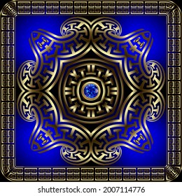 Jewelry gold 3d seamless pattern. Surface round ethnic style mandala with square frame and border. Vector ornamental glowing background. Luxury greek meanders ornament with blue sapphire gemstones.