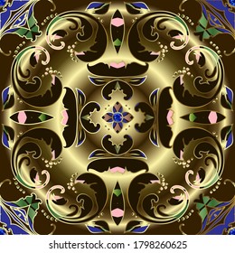 Jewelry Gold Baroque 3d seamless pattern. Vector oenamental golden background. Repeat luxury backdrop. Blue sapphires. Jewellery design with gem stones, flowers, leaves, dots. Vintage ornate ornament.