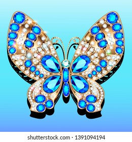 Jewelry gold butterfly brooch pendant in precious stones. Beautiful decoration with reflection.