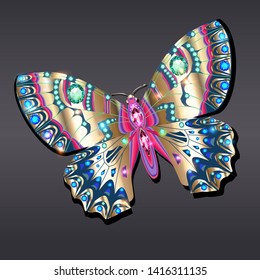 Jewelry gold butterfly brooch pendant in precious stones. Beautiful decoration with reflection.