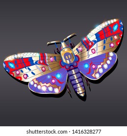 Jewelry gold butterfly brooch pendant in precious stones. Beautiful decoration with reflection.