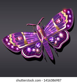 Jewelry gold butterfly brooch pendant in precious stones. Beautiful decoration with reflection.