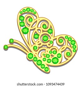 Jewelry gold butterfly in gems. Beautiful decoration. Isolated object.