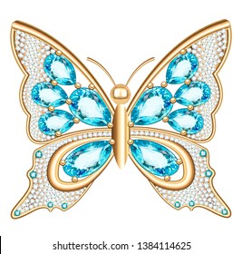 Jewelry gold butterfly in gems. Beautiful decoration.