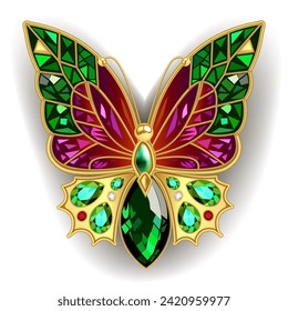 Jewelry gold butterfly in gems. Beautiful decoration. Isolated object.