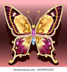 Jewelry gold butterfly in gems. Beautiful decoration. Isolated object.