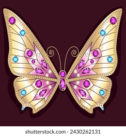 Jewelry gold butterfly in gems. Beautiful decoration.