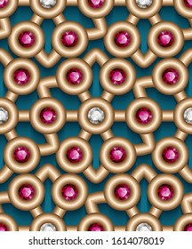 Jewelry gold geometric ornament, vector jewellery background, seamless golden pattern with diamonds and ruby gemstones