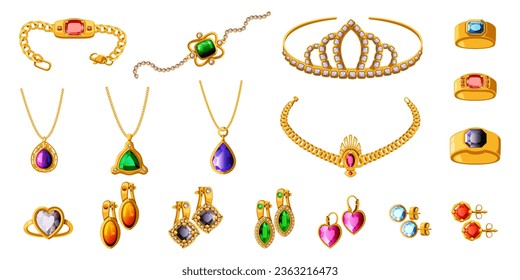 Jewelry. Gold necklace, earrings, emerald brooch, royal diadem. feminine bright pendant, different gems, golden chain. Expensive emerald sapphire and ruby. Vector flat illustration