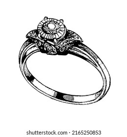 Jewelry, a gold ring with an imitation of a large stone. Jewelry made of gold with precious stones. Vector engraving black and white illustration isolated on white background