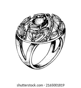 Jewelry, gold ring with a large oval stone. Jewelry made of gold with precious stones. Vector engraving black and white illustration isolated on white background