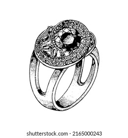 Jewelry, gold ring with a large round stone. Jewelry made of gold with precious stones. Vector engraving black and white illustration isolated on white background