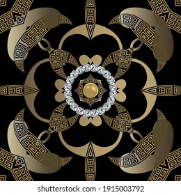 Jewelry gold seamless pattern. Floral ornate Deco background. Repeat vector greek backdrop. Geometric golden luxury ornament with diamonds, vintage flowers, leaves, 3d gemstones, greek key, meanders.