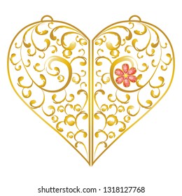 Jewelry gold tracery heart with a flower of precious stones