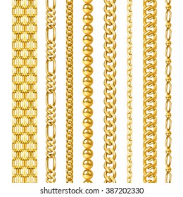 Jewelry golden chains in different shapes realistic set isolated vector illustration 