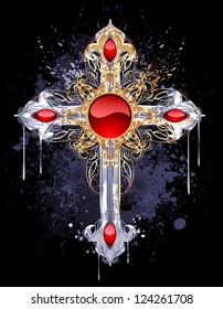 jewelry, Gothic cross of silver and gold, adorned with rubies and pattern on a black background