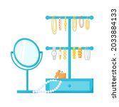 Jewelry holder with different accessories, bracelets, watches, beads. Jewellery stand, round table mirror and pearls in drawer. Flat vector illustration.