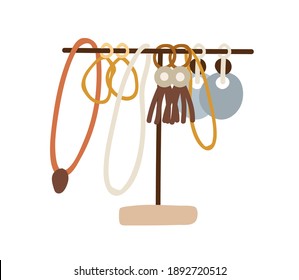 Jewelry holder with different female accessories: necklaces, earrings and pendants. Hand-drawn jewellery stand. Colored flat vector illustration isolated on white background.