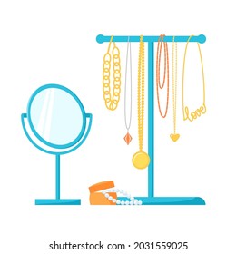 Jewelry holder with different necklaces, chains, beads. Jewellery stand, round table mirror and pearls in box. Flat vector illustration