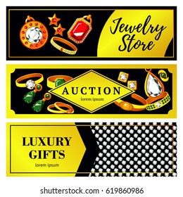 Jewelry horizontal banners with rings pendants earrings bracelets necklaces and precious stones vector illustration