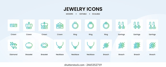 Colección de iconos de joyería con estilo de contorno de degradado azul y verde. joyería, oro, colección, perla, elegancia, signo, lujo. Ilustración vectorial