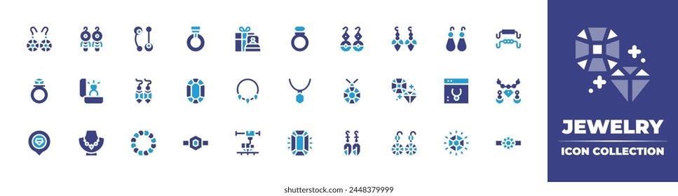 Schmucksymbol-Kollektion. Zweitonfarbe. Vektorillustration. Enthält Ring, Rubin, Ohrringe, Topas, Diamantring, Halskette, Saphir, Schmuck, Armband, Location Pin, Piercing, Diamant.