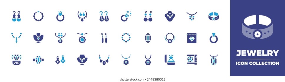 Jewelry icon collection. Duotone color. Vector illustration. Containing necklace, engagement ring, earrings, jewelry, gemstone, bracelet, diamond, turquoise, ring, diamond ring, cross.