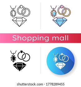 Jewelry icon. Female luxury accessories. Shopping mall category. Elegant necklace and ring with precious gemstones. Linear black and RGB color styles. Isolated vector illustrations