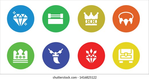 jewelry icon set. 8 filled jewelry icons.  Collection Of - Gem, Crown, Ring, Necklace, Diamond, Chest