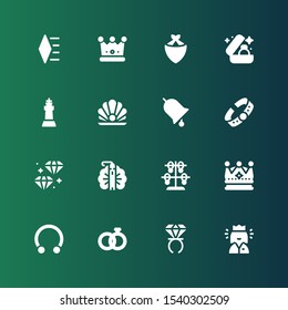 jewelry icon set. Collection of 16 filled jewelry icons included Queen, Ring, Wedding rings, Piercing, Crown, Bracelet, Peacock, Diamond, Pearl, King, Wedding ring, Kerchief