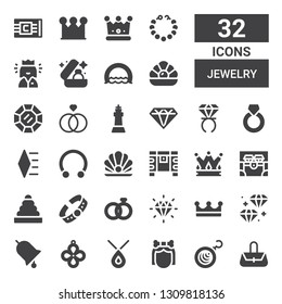 jewelry icon set. Collection of 32 filled jewelry icons included Hand bag, Earrings, Troglodyte, Necklace, Pendant, Ring, Diamond, Crown, Wedding rings, Bracelet, Rings, Chest
