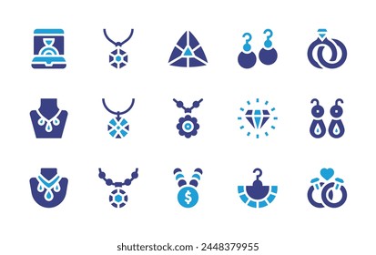 Jewelry icon set. Duotone color. Vector illustration. Containing earrings, jewelry, rhinestone, gems, necklace, wedding rings, diamond, rings, diamond ring.