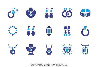 Jewelry icon set. Duotone color. Vector illustration. Containing necklace, rings, earrings, gemstone, ring, gem, bracelet, diamond.