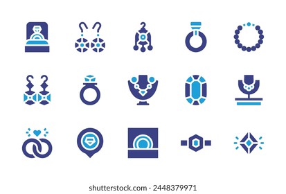 Jewelry icon set. Duotone color. Vector illustration. Containing engagement ring, topaz, pearl necklace, earrings, necklace, ring, jewellery, jewelry, marriage, location pin.